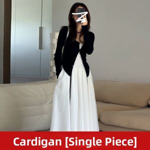 Homecore | French Elegant White Camisole Dress & Black Cardigan Set