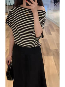 YUEZHONGWEI | French Style Off Shoulder Striped Knitted Short Sleeve T-Shirt Women Summer Loose Fit Moisture Wicking Regular Length Top