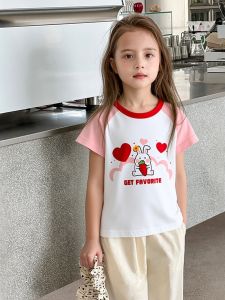 Girls Cotton round Neck Short Sleeve T-Shirt Cartoon Rabbit Design Summer Kids Top Breathable Moisture Wicking Korean Style