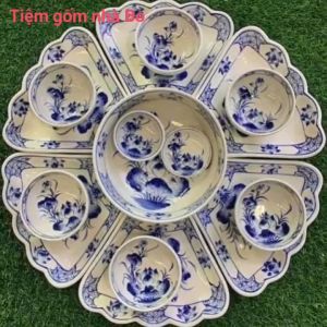 Bộ bát đĩa sứ Bát Tràng cao cấp hình hoa mặt trời họa tiết hoa sen nghệ nhân vẽ tay
