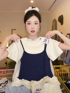 Slim Fit Short Sleeve Womens T-shirt with Wood Grain Ruffle Splice Mini Strap High Contrast Fake Two-Piece Cotton Blend T-shirt