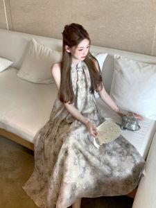 Elegant Sweet Style Summer 2025 New Chinese Cheongsam Button Water-Media Print Neck-Hanging Dress Belly-Covering Short A-Line Skirt