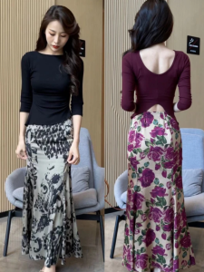 High Waist Midi Dress Retro Sunflower Print Fashionable Bodycon Skirt with Zipper for Women Spring Summer Slimming Effect