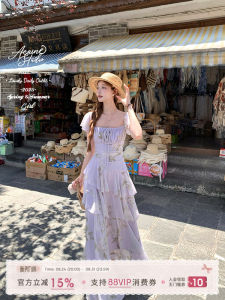 Waist Shaping French Vintage Style Square Neck Chiffon Print Dress
