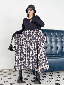 ชุดเดรสยาวแขนยาวทรงหลวมสไตล์สตรีทสีเข้มสำหรับผู้หญิงในฤดูใบไม้ร่วงปี 2024 ทรงเอคอตกลำลอง