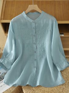 เสื้อเชิ้ตคอตตอนลินินปักลายสไตล์จีนใหม่สำหรับผู้หญิง แขนยาว 7 นิ้ว หลวม ไซส์ใหญ่ คอตั้ง เสื้อคลุมกันหนาวแบบเปิดสำหรับคุณแม่