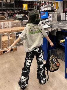 100% Pure Cotton American Retro Hiphop Tree Vine Letter Short Sleeve Womens T-shirt Loose Trendy Top Summer round Neck