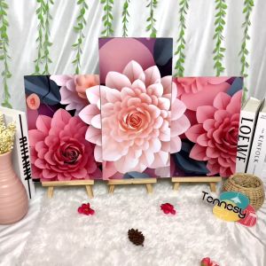 TENNESY Hiasan Dinding Set Bunga 3D paper flowers pink 3 Panel Besar Dekorasi Dinding Kamar Tidur Pajangan Kayu Poster Dekorasi Rumah