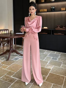 Spring Fashion Slim Fit High Waist Wide Leg Long Sleeve Small Flounce Collar Top And Bottom Set Youthful Style Casual Wear