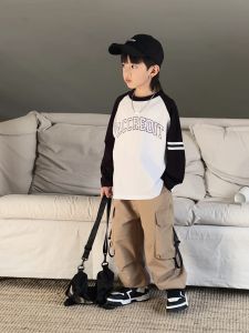 Spring Fashionable Long Sleeve Boys T-Shirt Childrens Base Shirt Shoulder Insert Cotton Casual Loose Fit round Neck T-Shirt