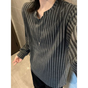 เสื้อยืดคอกลมแขนยาวถักสีเทาลายกระดูกปลา ทรงหลวม ใส่ลำลอง สำหรับผู้ชาย ฤดูใบไม้ร่วง แฟชั่นสตรีท ลำลอง เสื้อชั้นใน