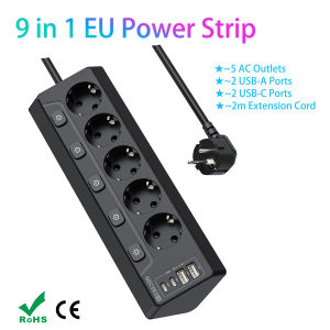 EU 5-Way Sockets Desktop Power Strip with Individual switch mulit plug outlets with USB Charge 2m Extension Cord