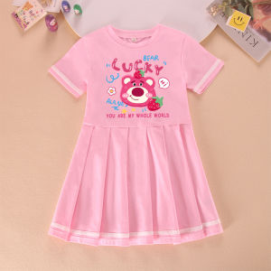 Girls Summer Cotton Bear Dress Pure Cotton Thin Pleated Princess Skirt Childrens Strawberry Bear Skirt A-Line Short Sleeve Dress