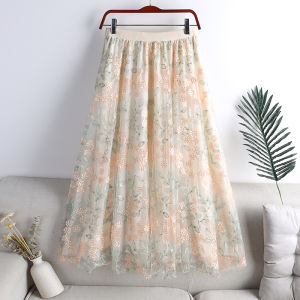 Spring 2025 Casual Versatile Double Layered Embroidered Floral Slim A-Line Mini Skirt Womens High Waist Midi Skirt
