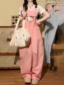 Hello Kitty Casual Suspender Quần Nữ Mùa Hè Thiết Kế Phong Cách Nhật Bản Tai Độc Đáo Mèo Quần Ống Rộng Hợp Thời Trang