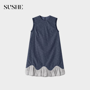 SUSHE | Jean-like Linen Cotton Jacquard Patchwork Belted Sleeveless Dress for Summer