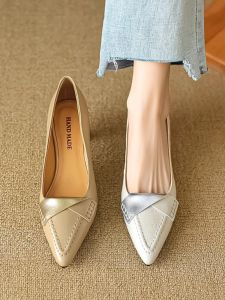 Real Leather Sheepskin Single Shoes for Women Soft Bottom High Heels Spring Autumn French Style Medium Heel Commute Shoes