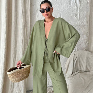 Casual Solid Linen Long Pants Pajamas Suits Women Fashion V-Neck Loose Lace-Up Blouses Pink Wide Leg Pants Sleepwears