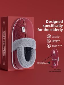 MONLEYTA | Elderly Cotton Slippers Womens Winter Indoor Home Wear Mens Outdoor Wear Fleece Lined Warm Leather Cotton Shoes Simple Style Universal PU Help Rubber TPR