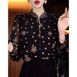 Fashionable Polka Dot Print Stand Collar Loose Long Sleeve Shirt for Mom Ladies Autumn New Style Casual Comfortable Top