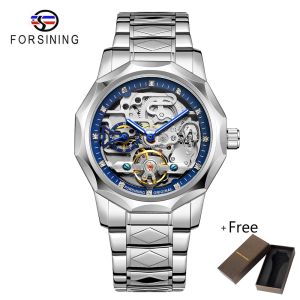 Forsining Đồng hồ tự động thời trang sang trọng đồng hồ trong suốt cơ khí của dành cho Nam bằng thép không gỉ trang trí kim cương quay số người đàn ông đồng hồ. Quà tặng cho nam