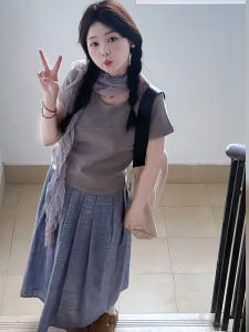 BINKAFENNY | Beach Vacation Grey Shoulder Short Sleeve Top Skirt Two-Piece Set Womens Summer Clothing Pleated Half-length Skirt Ensemble