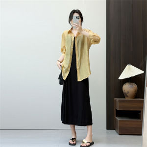 ชุดสองชิ้นฤดูร้อนสำหรับผู้หญิง เสื้อเชิ้ตแขนยาวป้องกันแสงแดด กระโปรงยาว ชุดแฟชั่น ชุดทำงาน ชุดสองชิ้น ผ้าโพลีเอสเตอร์