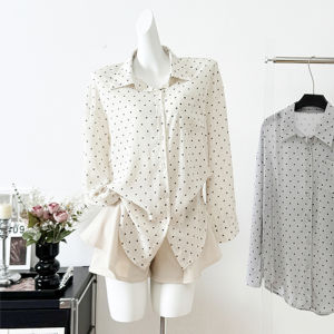 Shalldoer | French Style Summer High Waist A-Line Shirt And Shorts Set Womens Polka Dot Long Sleeve Sun Protection Two-Piece Suit Outfit