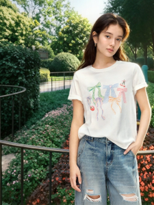 INMAN | White Bow Tie Printed Round Neck Tshirt