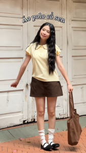 Áo thun Polo nữ cổ sen tay phồng nhún chun dáng suông WOMAN BASIC AT33 chất cotton lạnh co giãn nữ tính năng động