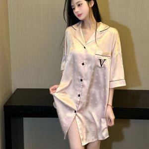 Spring Summer Thin Ice Silk Satin Shirt Dress Womens mid Sleeve Open Cardigan Nightgown Large Size Loose Cute plus Size Sleepwear