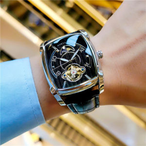 AOKULASIC Tourbillon Skeleton Mechanical Watch for Men Luminous Hands Leather Strap Fashion Business Mens Watches Top Brand Gift