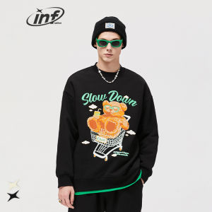 INFLATION brand 2023 autumn new men preppy style 400g polar fleece cute and fun suede foam bear print loose round neck boy thick sweater
