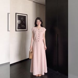 PAIBOLI | Đầm Tay Ngắn Màu Hồng Kiểu Dáng Nhẹ Nhàng Ôm Sát Có Nút Size Lớn