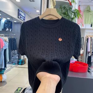 Cream Candy Color Heart-Shape Lock Embroider Short Sleeve Cable-Knit Sweater Womens Summer Western Style Youthful-Looking Casual Small Shirt Top