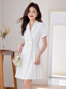 White Elegant Waist-Cinching Suit Dress Womens Spring Summer New Professional OL Style Short Sleeve Pleated Skirt Dress