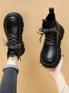 Womens Martin Boots Thick Bottom Heel Increase Winter Rubber Anti-slip Fleece Lined Genuine Leather Short Boots