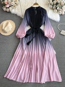 Elegant Gradient Color A-Line Long Sleeve Lantern Sleeve Dress Stand Collar Gathered Waist Dress Luxury Casual Autumn Dress