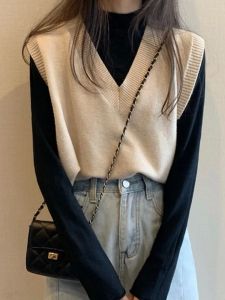 Solid Color V-Neck Pullover Sleeveless Vest Street Style Pure Color Sweater Neckline Backless Tank Top for Young Women