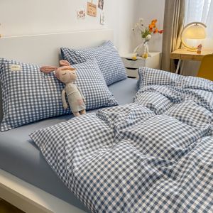 INS Japanese Washed Cotton Four-Piece Set Summer Simplicity Gingham Quilt Cover Fitted Sheet Student Dormitory Bed Single 3 PCs Set 4