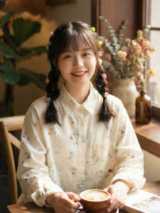 Pure Cotton Long Sleeve Shirt for Women Japanese Style Sweet Printed Asymmetric Design with Pocket and Button Details