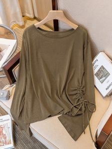 round Neck Asymmetrical Drawstring Sun Protective Blouse Womens Summer Plus Size Fat Sister Western Style Chic Slim Looking Fat Hiding Top Thin