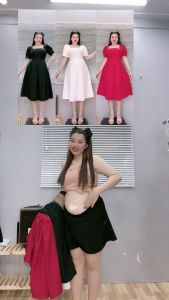 Đầm tết thiết kế Bigsize Cô Nhỏ thời trang cổ vuông tay bồng ngắn dáng xòe qua gối chất cottong lạnh( tặng kèm nơ đá) -DTK19