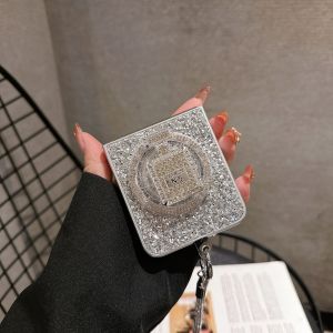 Diamond Shiny Silver Magnetic Absorption Phone Stand with Lanyard Foldable Screen Protection for Xiaomi Huawei Honor Motorola