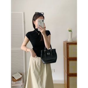 Áo Thun Nữ Màu Đen Ôm Vừa Vặn UVPU Mùa Hè 2024 Áo Thun Tay Ngắn Dáng Ôm Cổ Đứng Thường Ngày Chất Liệu Polyester