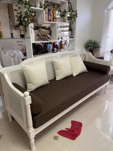 American Style French Style Country Rattan Wood Carved Living Room White as Old Three-Seat Sofa Combination Retro Roman Column