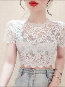 Versatile Lace Base Layer Top Womens T-Shirt Strap Dress Inner Wear Short Sleeve Hollow Thin  Korean Version Cover up