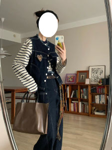 Womens Spring Autumn Striped T-Shirt Denim Wide Leg Pants Three Piece Set High Waist Jacket Layering Fashion Outfit Combo