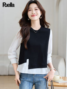 puella | French Style Design Small Batch Knit Stitch Faux Two-Piece Blouse