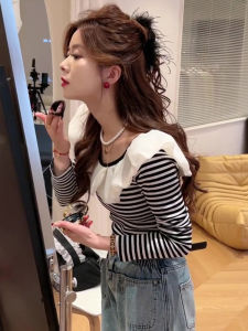 Slim Fit Long Sleeve T-Shirt Womens Fashionable Stripe Pattern Floral Collar Top for Younger Looking Spring Summer New Arrival